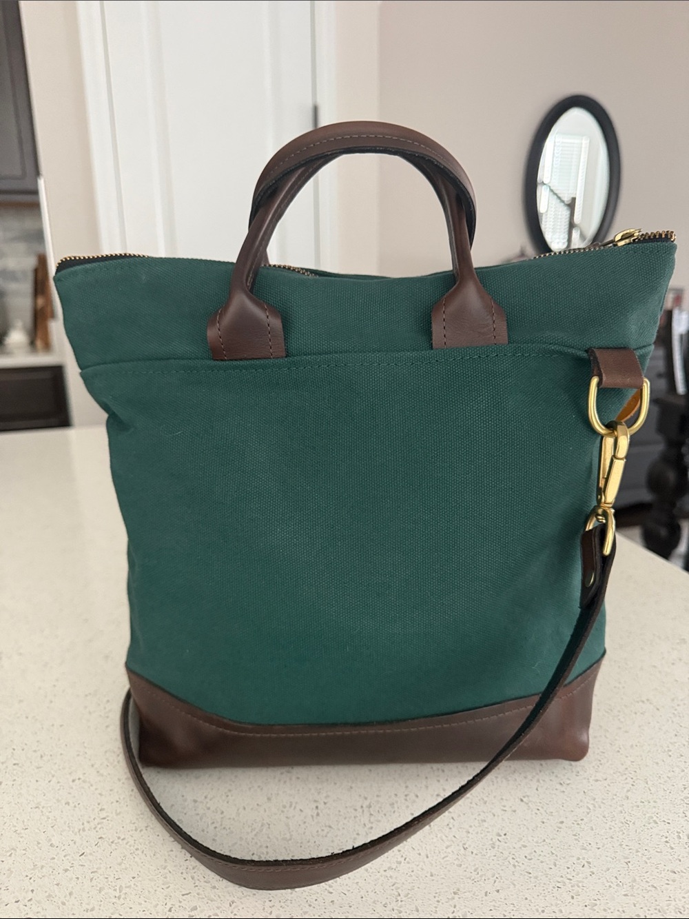 Teal Canvas Crossbody Tote with Brown Leather Trim - Picture 4 of 7